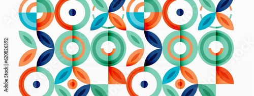 Abstract background - minimalist circles and round elements composition with varying sizes circles and other geometric shapes. The elements are arranged symmetrically in a grid-like pattern