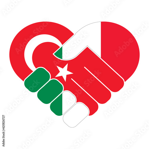 Handshake symbol in the colors of the national flags of Italy and Turkey, forming a heart. photo