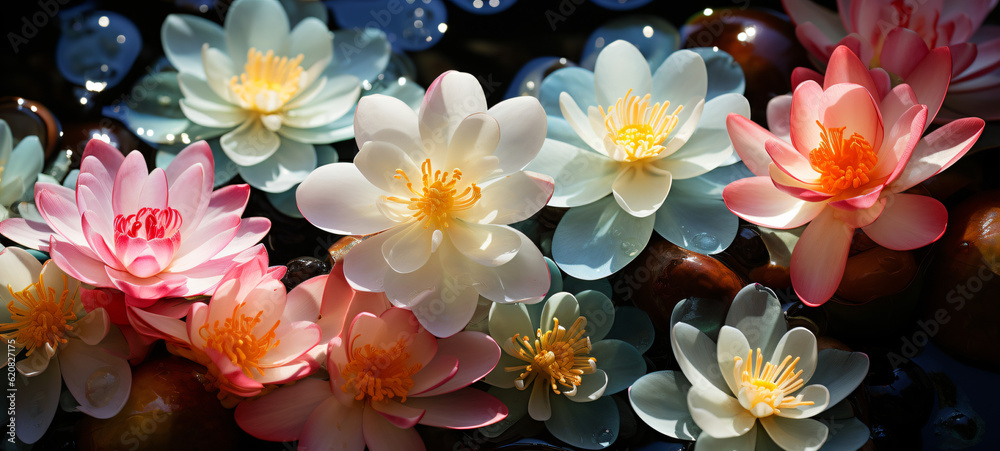 a perfect water lily on a pond with reflections in late afteroon light, Generative ai