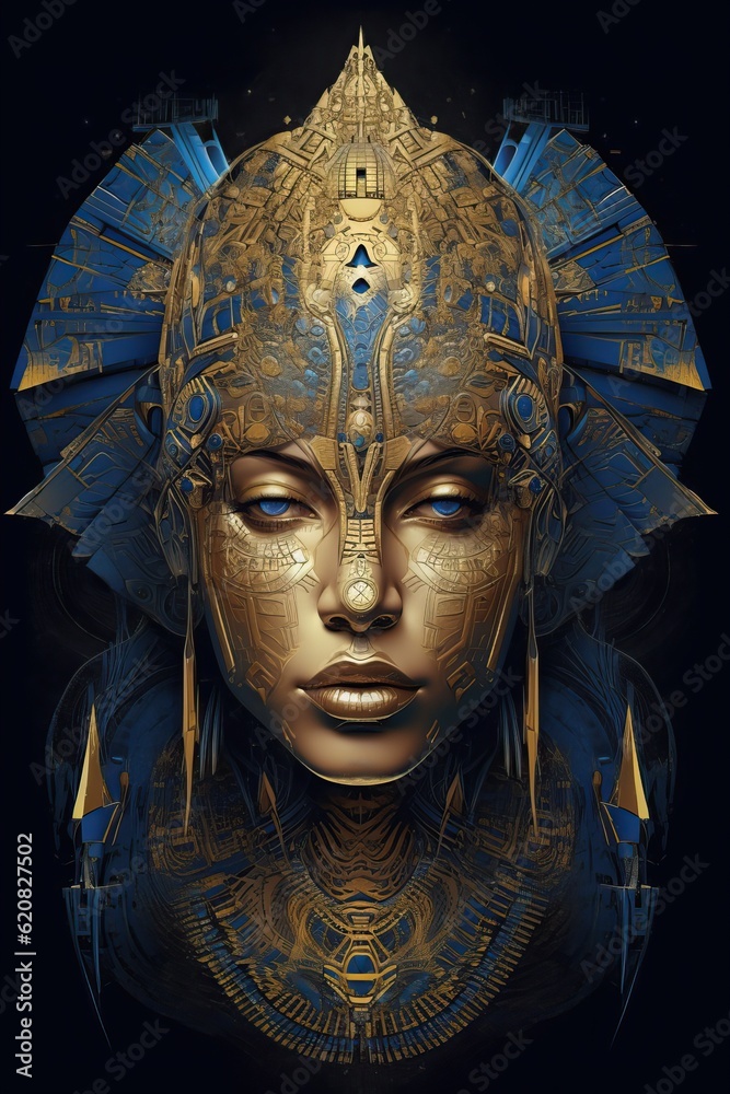 Goddess wearing gold and blue. Golden skin. In the style of psychedelicism. Generative AI