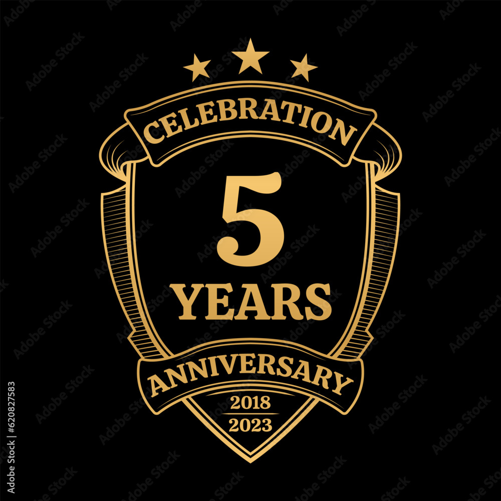 5 year anniversary icon or logo. 5th jubilee celebration, business company birthday badge or label. Vintage banner with shield and ribbon. Wedding, invitation design element. Vector illustration.