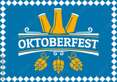 Oktoberfest logo or label with beer bottles. Bavarian festival vintage design. October fest emblem, poster or banner template. Traditional German, Munich fest retro badge. Vector illustration.