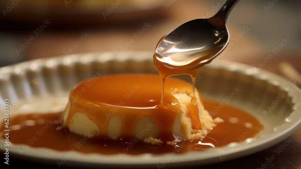 Fototapeta premium Crème Caramel with a spoon taking a scoop out of the dessert, showing the creamy texture against a soft-focus background
