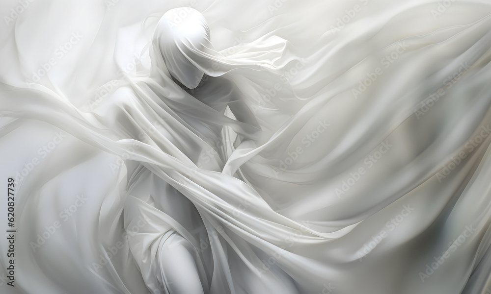 Fashion surreal Concept. Silhouette of a woman draped with white sensual flowing flying silk cloth. illuminated with dynamic composition and dramatic lighting. ethereal sculpture