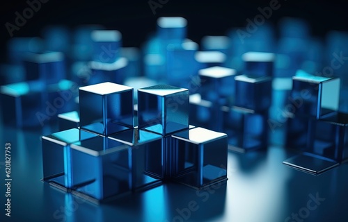 Multiple blue square cubes on a blue background. Abstract blue glass cubes or blocks background wallpaper, business data or info concept background,  illustration. Generative AI
