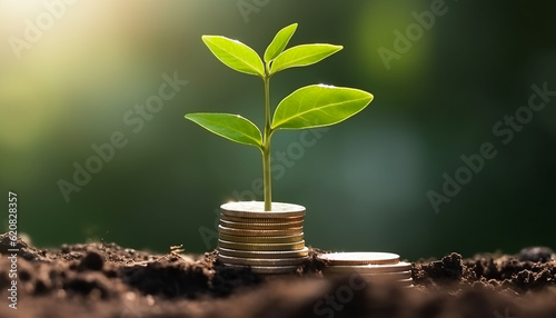 Growing Plant Stack Coin on Money with Blurred Background, Financial Growth and Investment Concept. Generative AI.