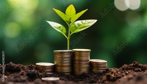 Growing Plant Stack Coin on Money with Blurred Background, Financial Growth and Investment Concept. Generative AI.