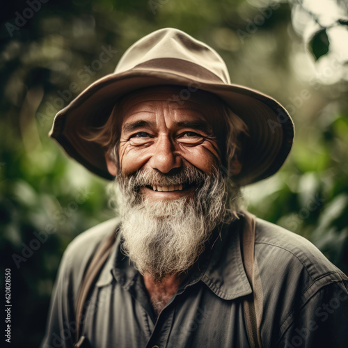 Generative AI image of portrait of smiling mature gray bearded male farmer in hat looking at camera while near green leaves tree in daylight photo