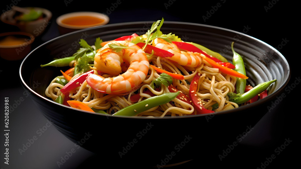 Stir fry noodles with vegetables and shrimps in black bowl AI generated Stir fry noodles with vegetables and shrimps in black bowl AI generated