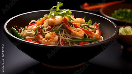 Stir fry noodles with vegetables and shrimps in black bowl AI generated