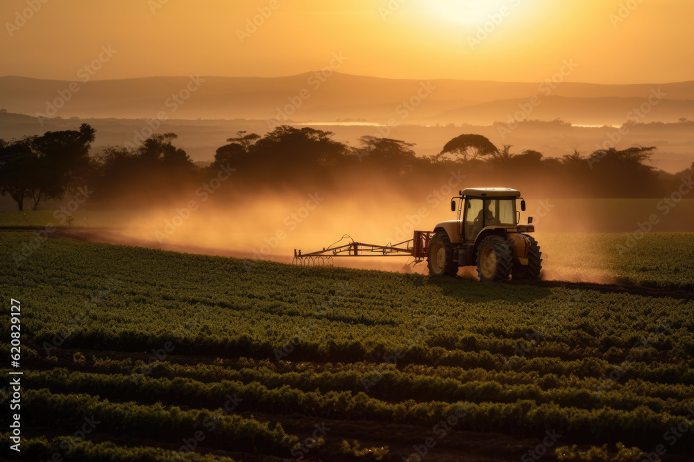 Generative AI image of heavy tractor spraying pesticides on agriculture field with green plantation rows during sunset Generative AI image of heavy tractor spraying pesticides on agriculture field with green plantation rows during sunset