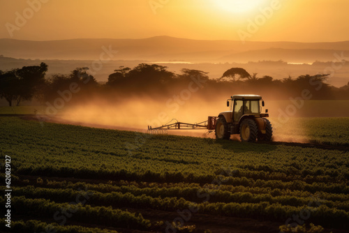 Generative AI image of heavy tractor spraying pesticides on agriculture field with green plantation rows during sunset photo