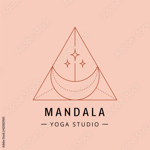 Linear bohemian geometric moon logo, abstract design for decoration in modern minimalist style. Vector illustration