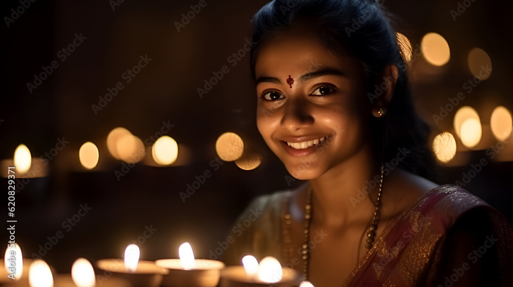 Happy Diwali. Indian young woman in sari holding burning candles Diwali and looking at camera. traditional festival Diwali, night of lights in India. AI generated Happy Diwali. Indian young woman in sari holding burning candles Diwali and looking at camera. traditional festival Diwali, night of lights in India. AI generated