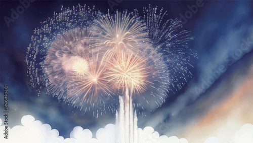 夜空に打ち上がる花火の水彩風イラスト　Generative AI