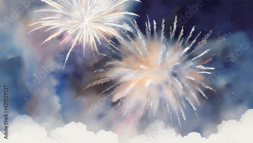 夜空に打ち上がる花火の水彩風イラスト　Generative AI