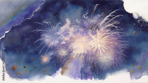 夜空に打ち上がる花火の水彩風イラスト　Generative AI