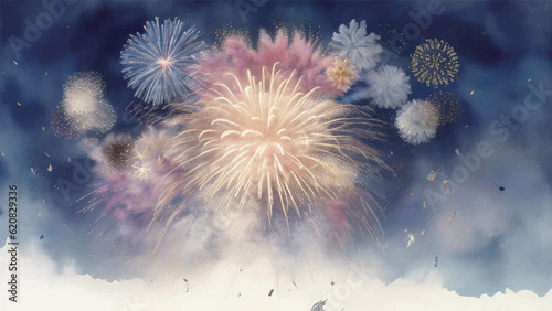 夜空に打ち上がる花火の水彩風イラスト　Generative AI
