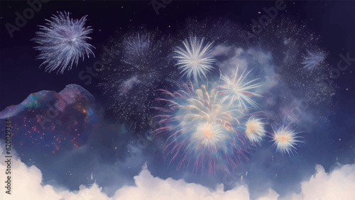 夜空に打ち上がる花火の水彩風イラスト　Generative AI