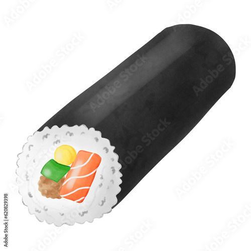 Cute and delicious salmon seaweed maki roll sushi hand draw photo