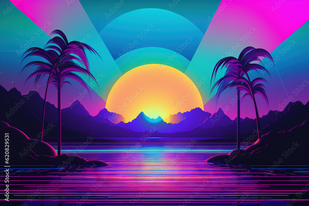 Palm trees and rainbow 80s landscape in vaporwave style. Retrowave vacation background with tropical sunset and palms. Generated AI.