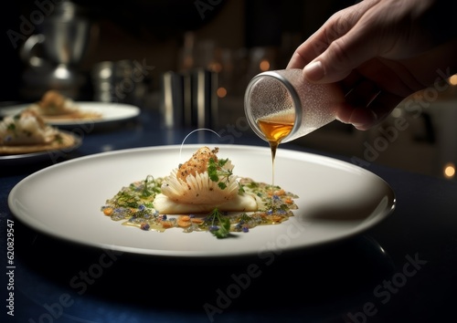 Photo Sole Meunière being served at a fine dining restaurant on a unique, artistic pla