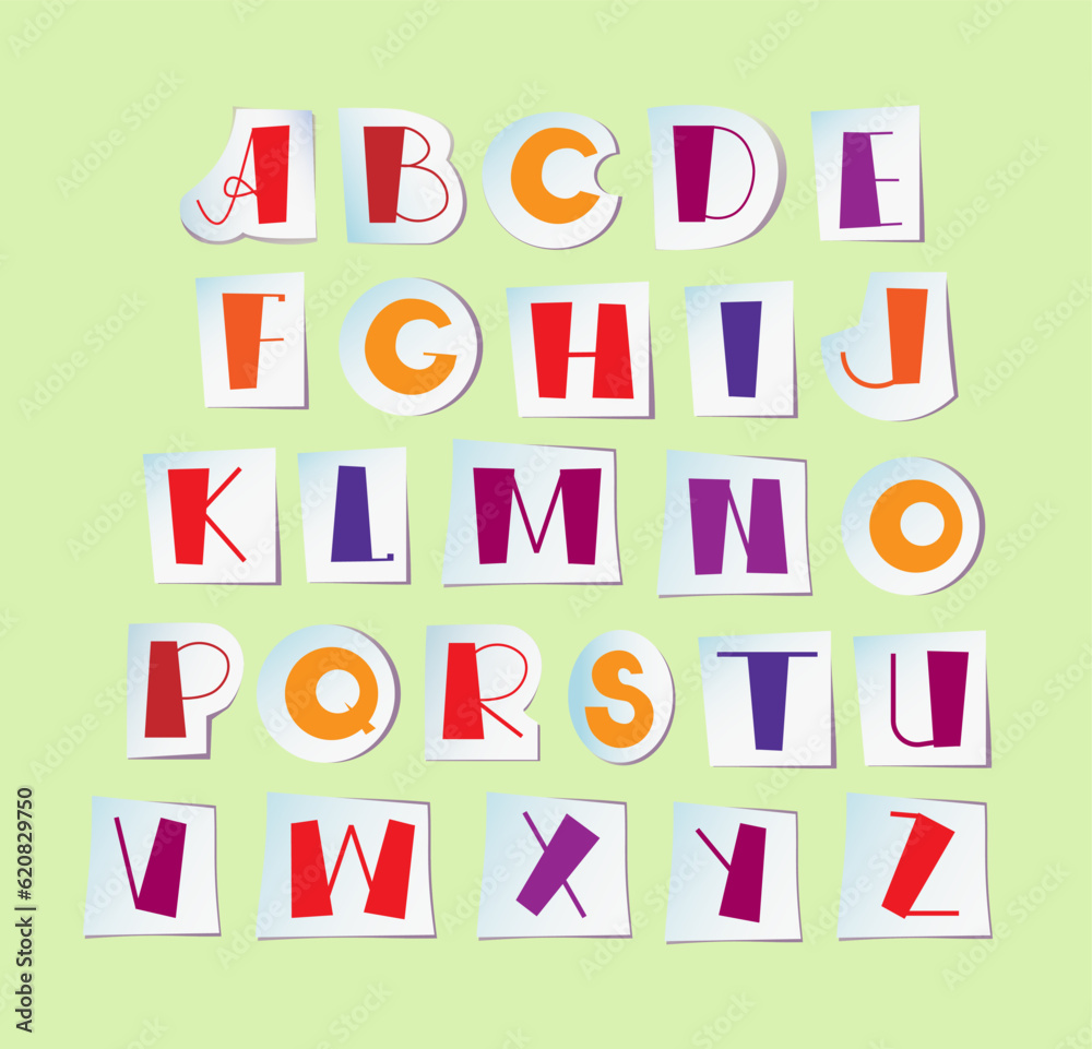 Letters of english alphabet 3d card on green background