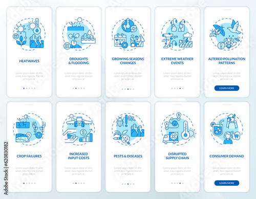 2D blue icons representing heatflation mobile app screen set. 5 steps graphic instructions with linear concepts, UI, UX, GUI template.