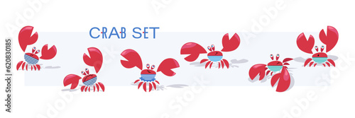 Crab sailor. Different facial expressions. Cute, funny characters arranged in a horizontal set.