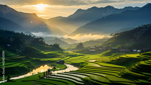 As the golden hour casts its enchanting glow over the landscape, you find yourself standing amidst the breathtaking beauty of the rice terraces, Generative ai © visuallabel