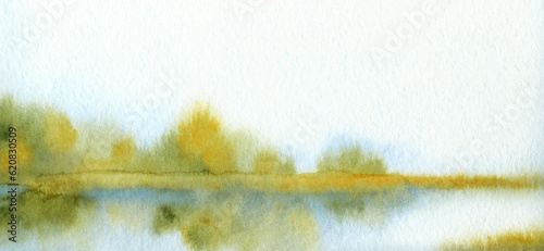 Foto Watercolor landscape. Trees by the lake