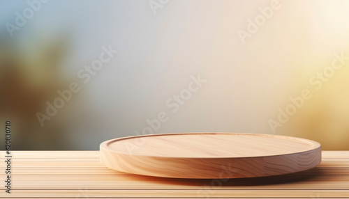 Empty beautiful round wood table  top counter on  interior in clean and bright with shadow background, Ready,white background, for product montage..