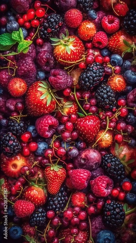Fresh organic berries close-up isolated. Colorful composition of blueberries, raspberries, blackberries, strawberries on a black background. Useful berries. Generative AI