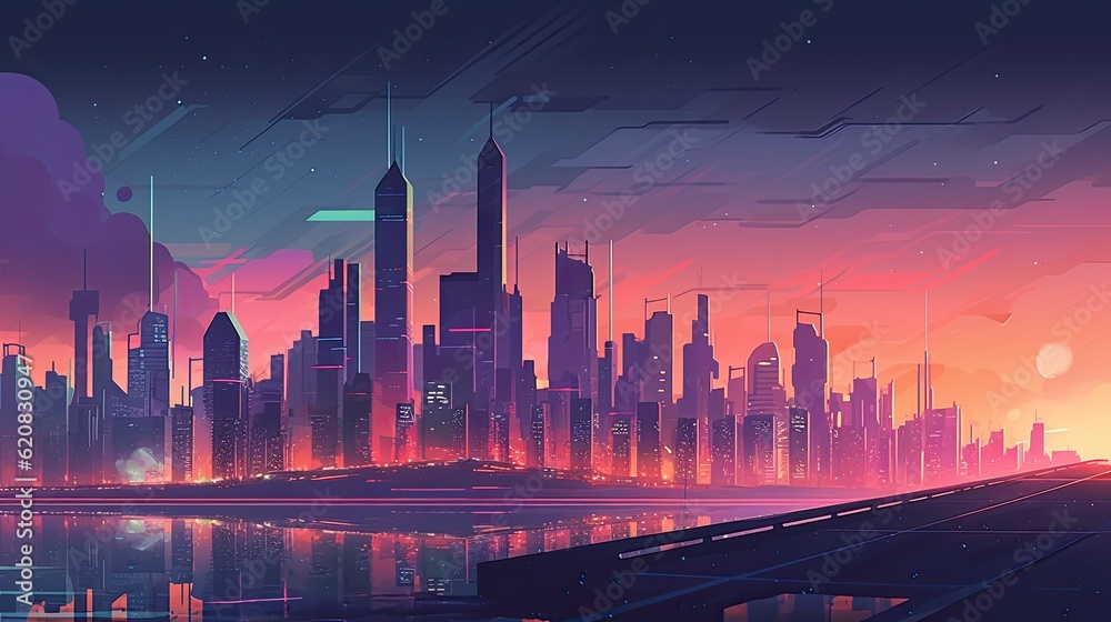 Illustration of cityscape at dusk, infused with futuristic elements