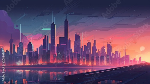 Illustration of cityscape at dusk  infused with futuristic elements