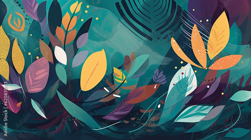 Painting of floral elements in warm tones with space for text Painting of floral elements in warm tones with space for text