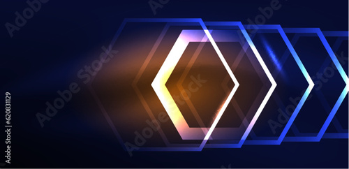 Hexagon abstract background. Techno glowing neon hexagon shapes vector illustration for wallpaper, banner, background, landing page, wall art, invitation, prints, posters