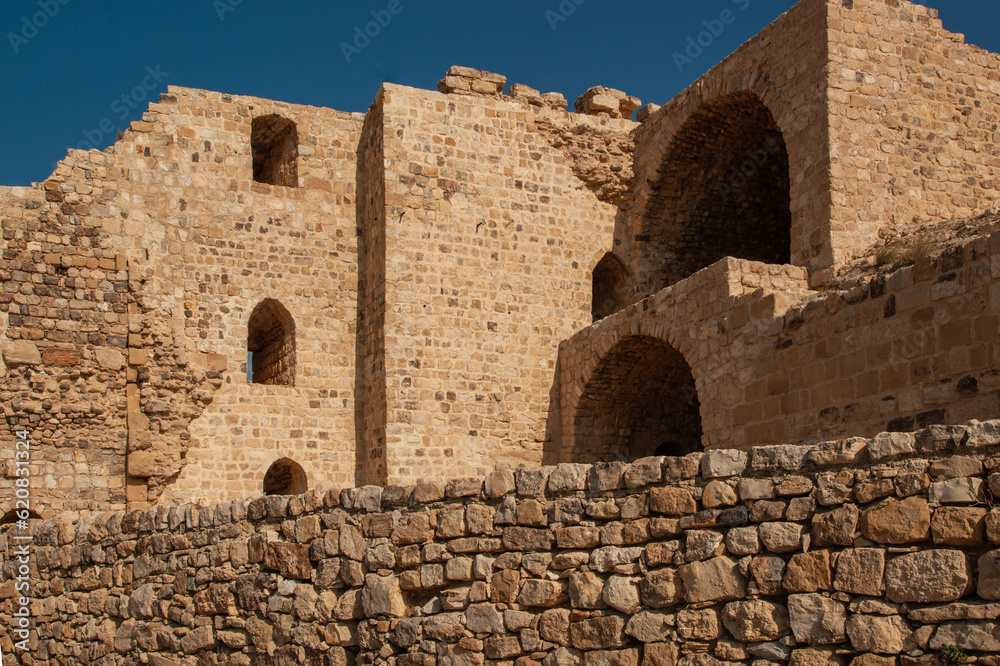 Jordan. Crusader castle El-Karak.Iinterior buildings in front of fortress wall. Majestic and impregnable fortress of El-Karak or 