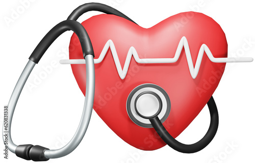 Medical and hospital health care service. Stethoscope diagnosis heart electrocardiogram. 3D PNG.