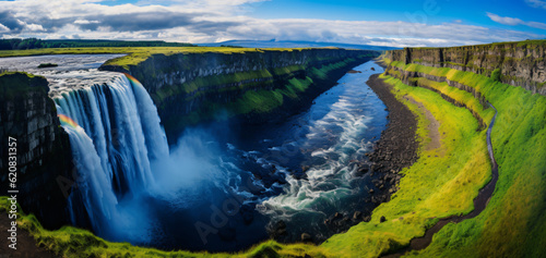 A gorgeous rainbow waterfall gushes out  and the water flows like a liquid gem  Generative ai