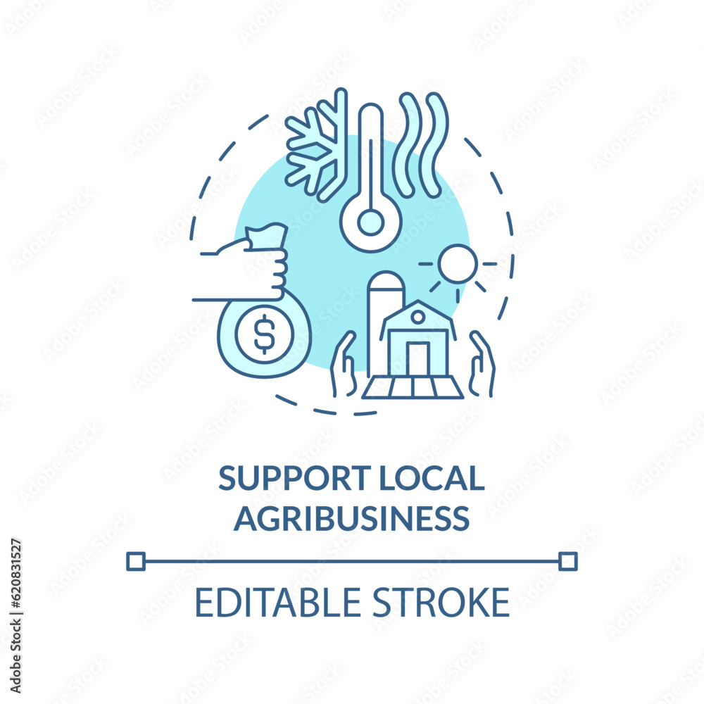 Editable support local agribusiness icon representing heatflation concept, isolated vector, linear illustration of solutions to global warming. Editable support local agribusiness icon representing heatflation concept, isolated vector, linear illustration of solutions to global warming.