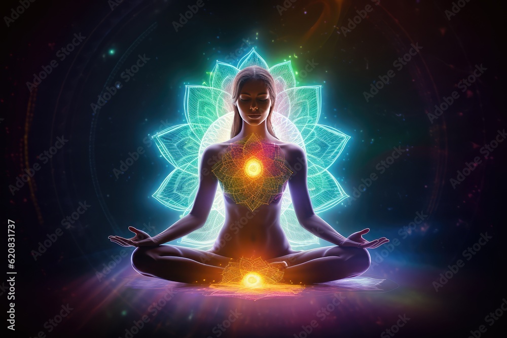 Calm Woman Practicing Yoga: Illustration for the Power of Meditation, Achieving Physical and Mental Balance, and Promoting a Healthy Lifestyle. Generative AI