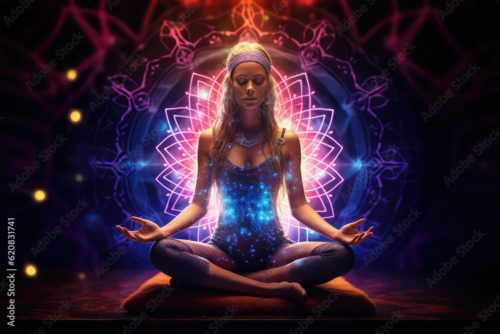 Woman Exuding Serenity in Yoga Pose: Concept for Reflective Mind Practices, Feminine Fitness Regimes, and the Art of Relaxation. Generative AI