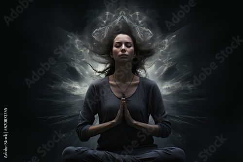 Woman in Reflective Meditation: Concept for Cultivating Calmness, Engaging in Healthful Yoga Practices, and Achieving Mind-Body Balance. Generative AI