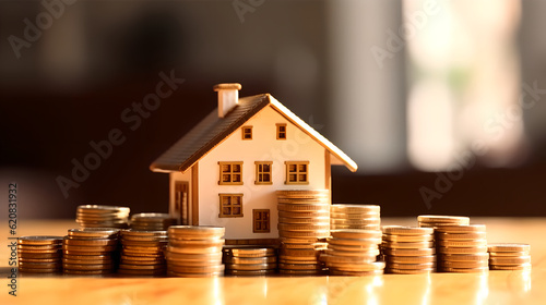 Simple house with step of growing coins on the table, money saving or investing for home lone or real estate. Business and Financial for residence, Money saving for home concept.