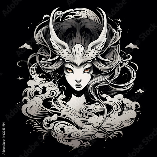 japanese geisha using kitsune mask tattoo design dark art illustration isolated on black