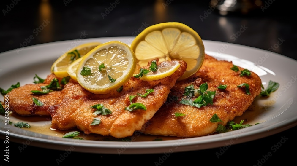 Escalope de Dinde garnished with parsley and lemon slices on a white plate Escalope de Dinde garnished with parsley and lemon slices on a white plate