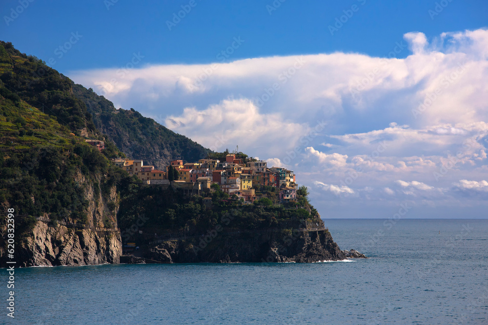 Manarola, one of the famous Cinque Terre villages, Liguria, Italy, from the village of Corniglia.