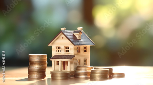 Simple house with step of growing coins on the table, money saving or investing for home lone or real estate. Business and Financial for residence, Money saving for home concept.