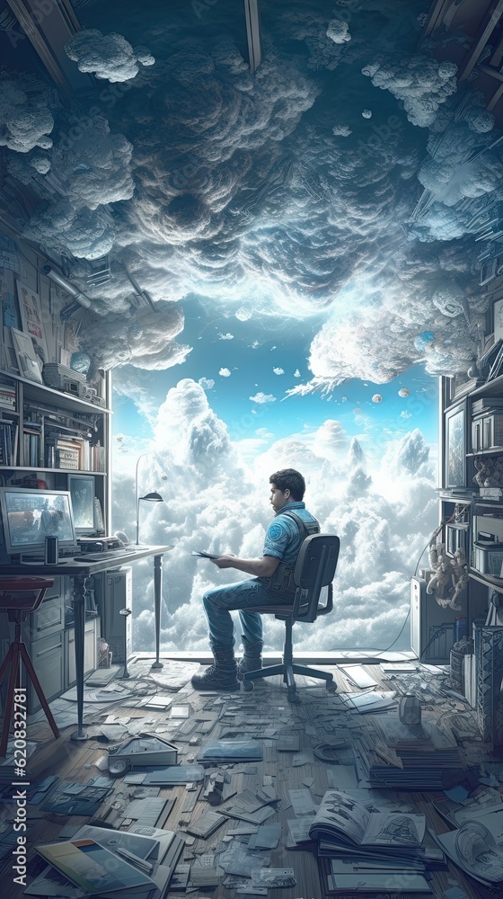 Man sitting in the sky and reading. The office in the clouds. Reading on top of clouds. Funny, unusual office. Generative AI